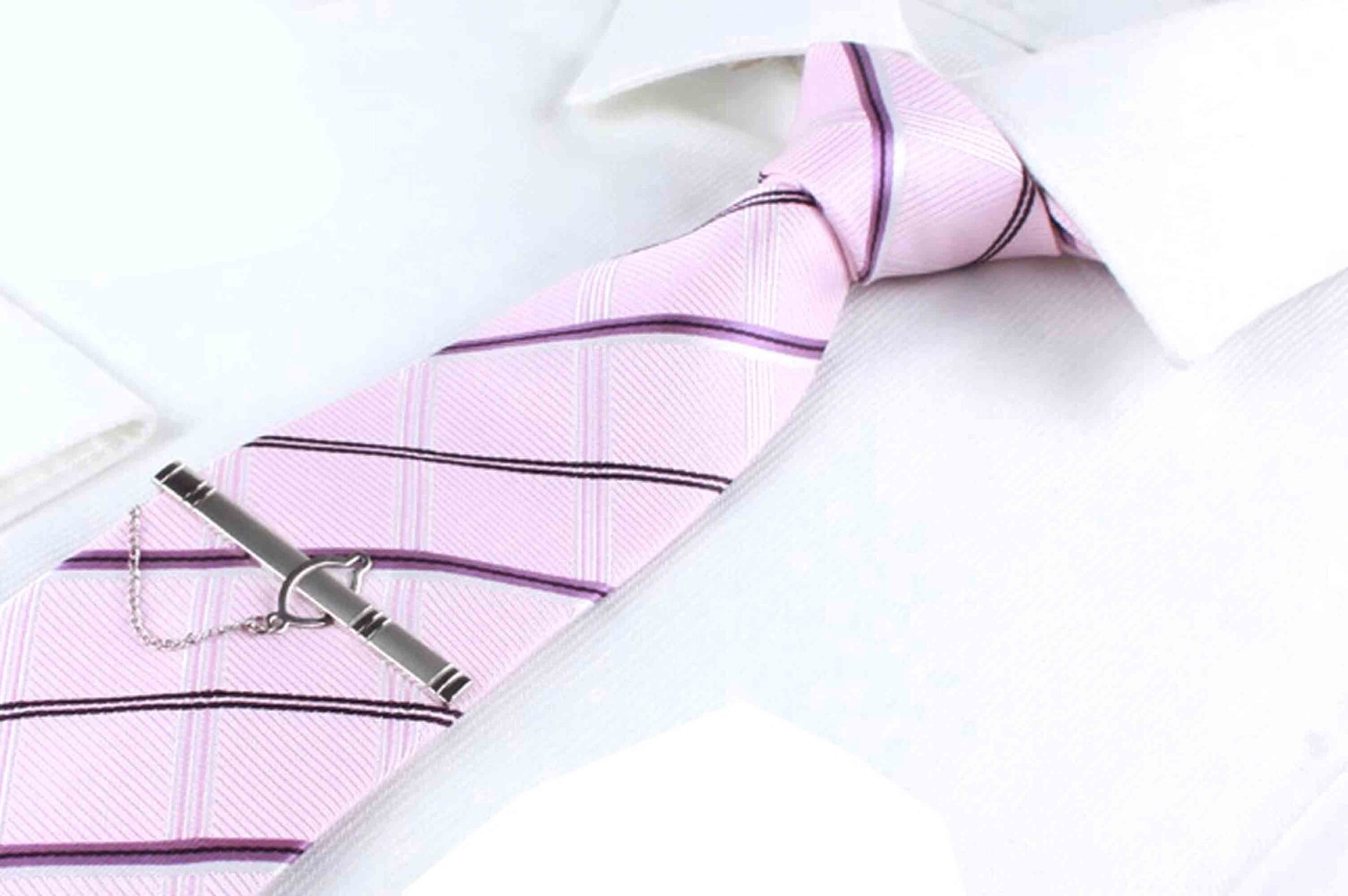 Mens Baby Pink & Silver Tinsel Striped Patterned 8cm Neck Tie main image 1